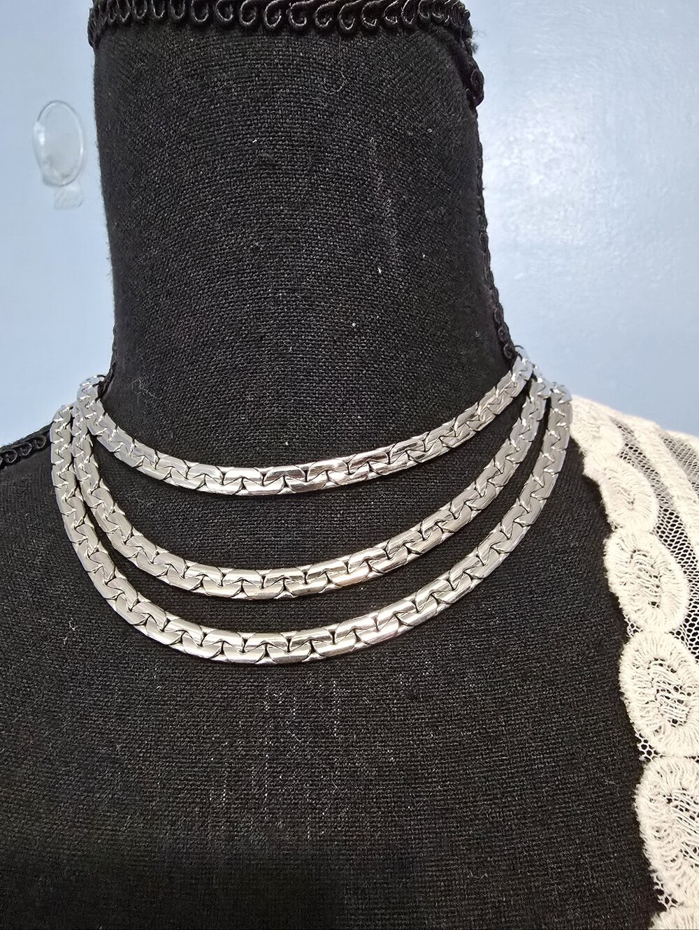 Vntg Woven Sterling-Inspired Triple Strand Silvertone Chain Choker Necklace